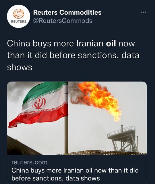 رویترز: خرید نفت‌ ایران توسط چین بیشتر از ‌قبل تحریم‌هاست