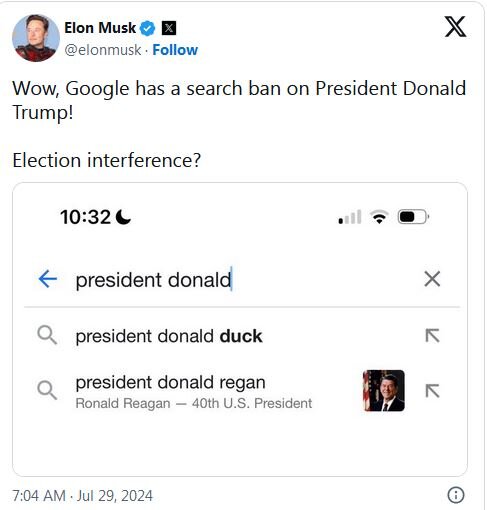 ایلان ماسک مدعی ممنوعیت «پرزیدنت دونالد» در جست‌وجوی گوگل شد